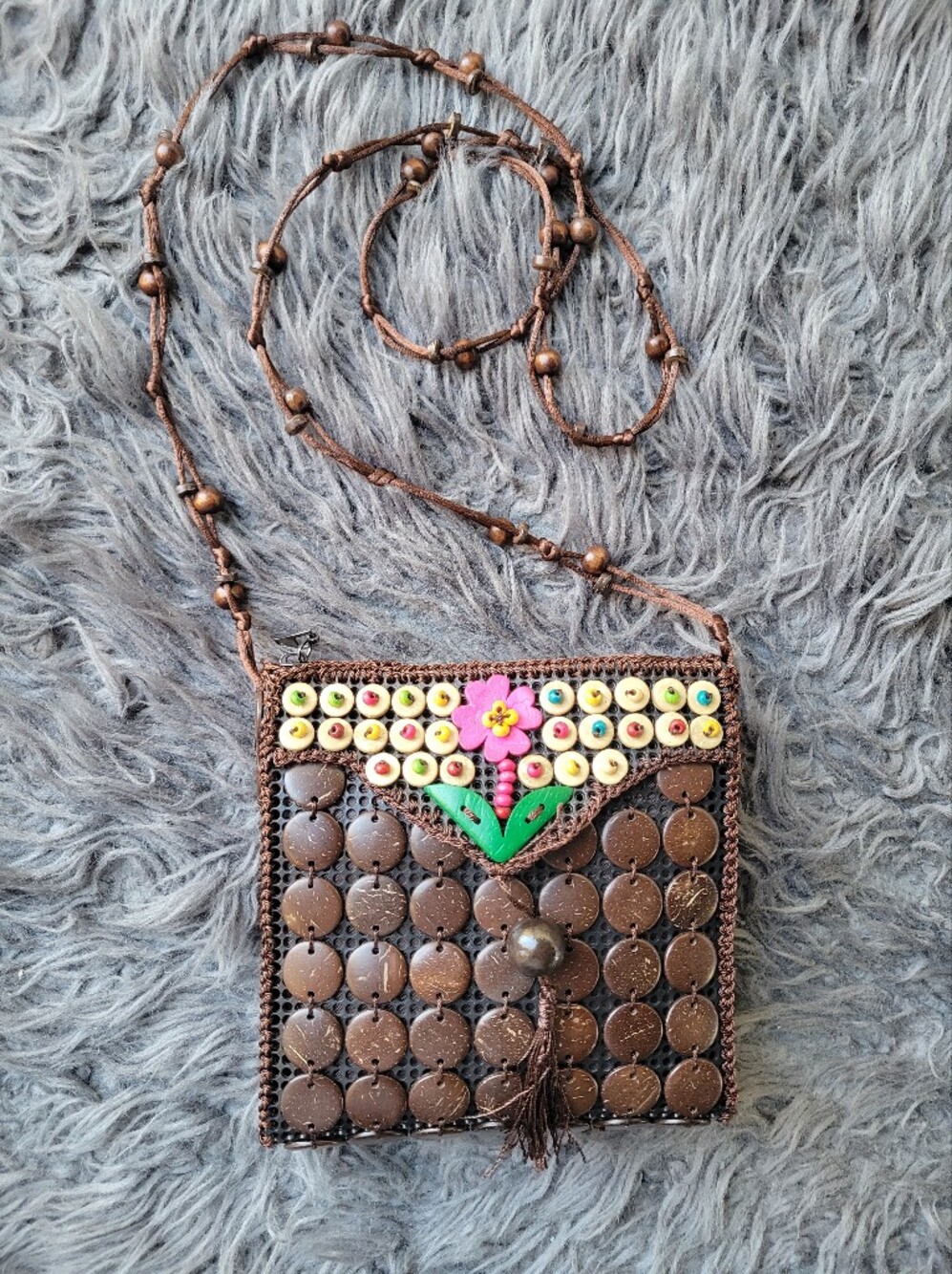 Handcrafted Brown Beaded Crossbody Bag with Floral Accent